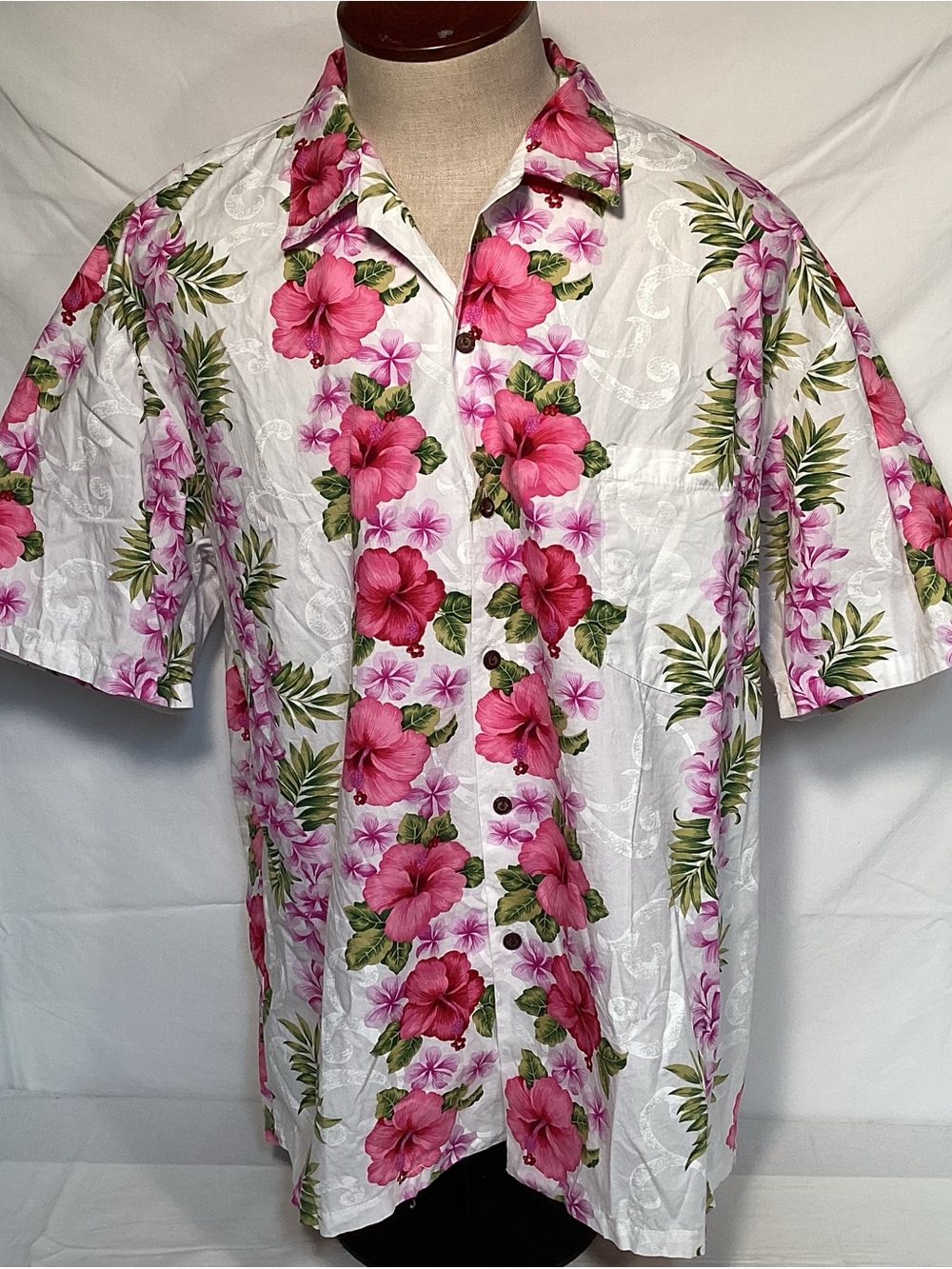 Ho Aloha Vintage White Mist Pink Hibiscus Hawaiian Button-Up Shirt Mens Size XXL